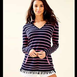 Lilly Pulitzer CRESTWOOD COOLMAX FRINGE SWEATER IN TRUE NAVY MARITIME STRIPE
